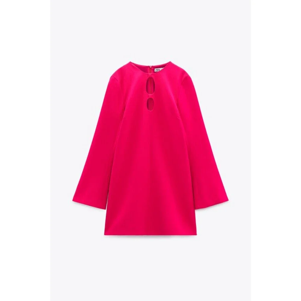 Hot Pink Zara Front Cutout Flare Sleeve Round Neck Mini Dress (NWT) - Picture 8 of 11